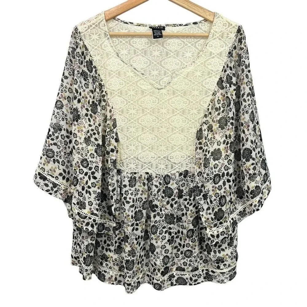Torrid Floral Top Size Large Lace Boho Peasant Shirt Multicolor Semi-sheer